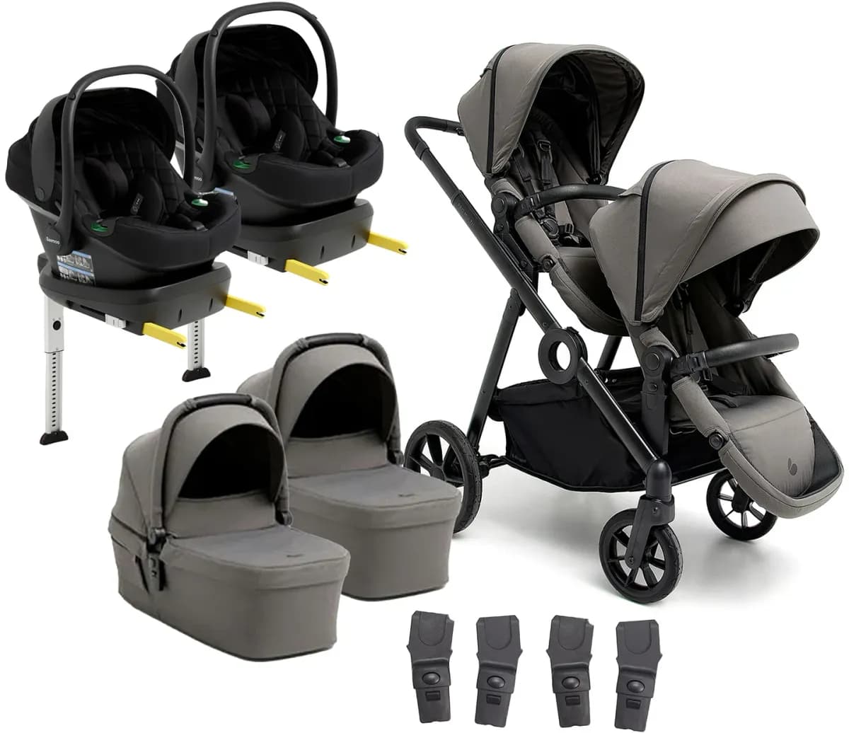 Beemoo Pro Multi 2 Tvillingvagn Inkl. Route i-Size Babyskydd & Bas, Mocha Grey/Black Stone
