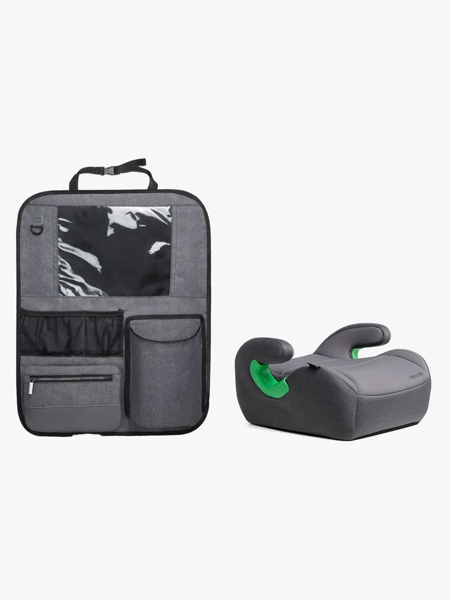 Beemoo Raise 2 i-Size Bälteskudde inkl. Beemoo Deluxe Sparkskydd med Förvaring, Mineral Grey