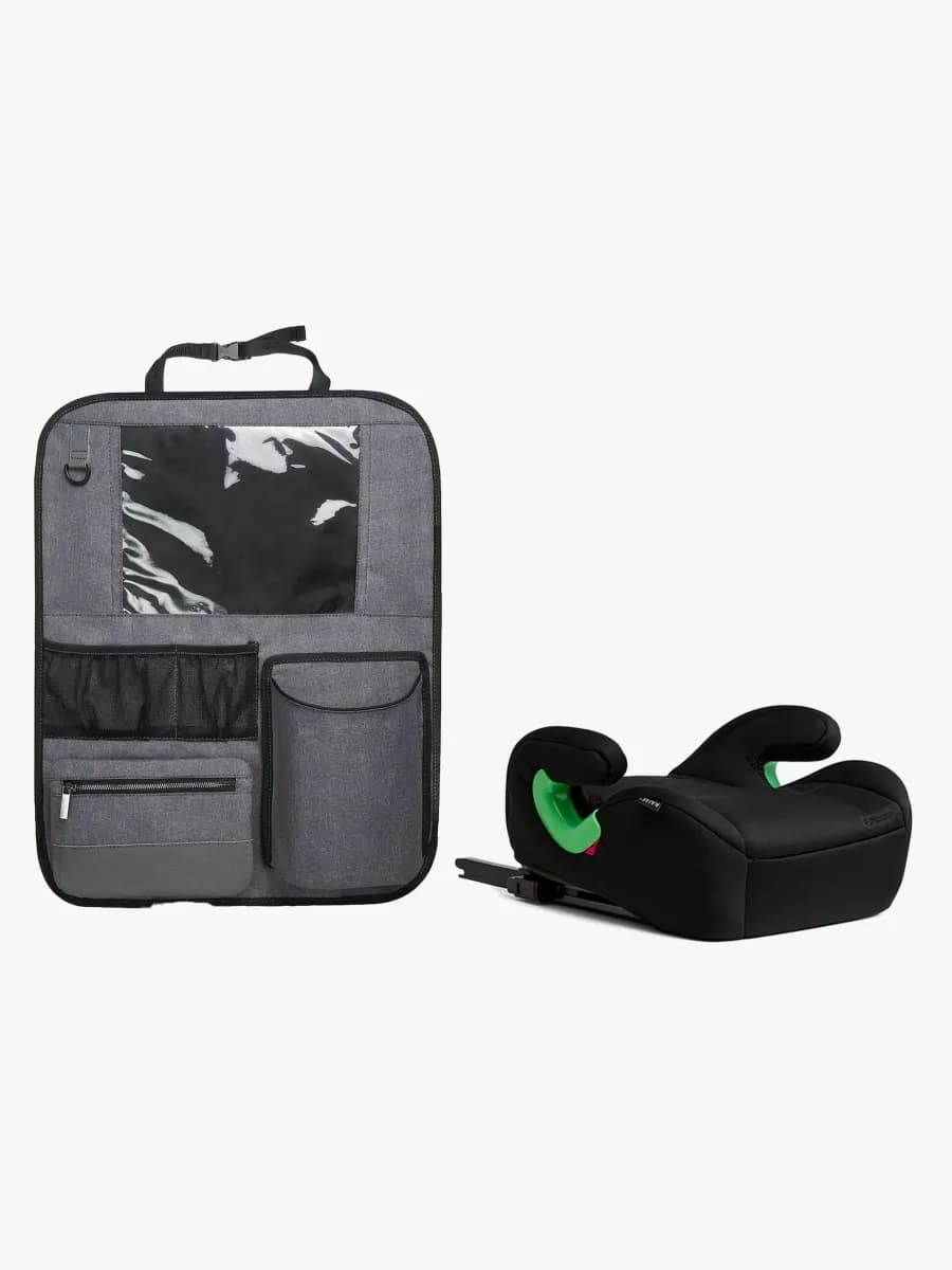 Beemoo Raise 2 i-Size Bälteskudde ISOFIX inkl. Beemoo Deluxe Sparkskydd med Förvaring, Black Stone