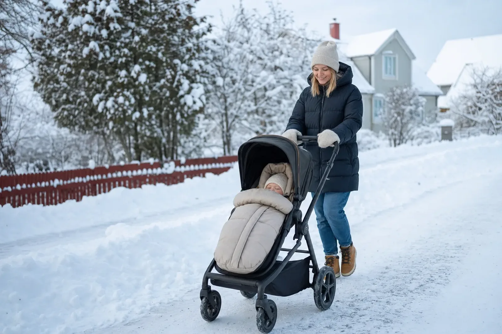 Barnvagn på vintern: åkpåse, hjul och tillbehör som gör skillnad