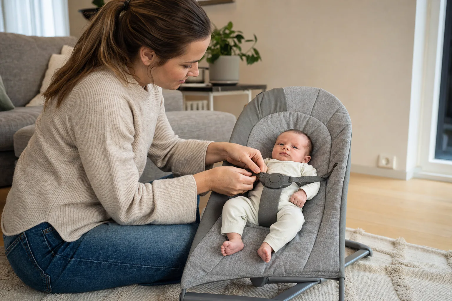 Förälder som sitter på golvet bredvid en bebis i babysitter och kontrollerar selen.