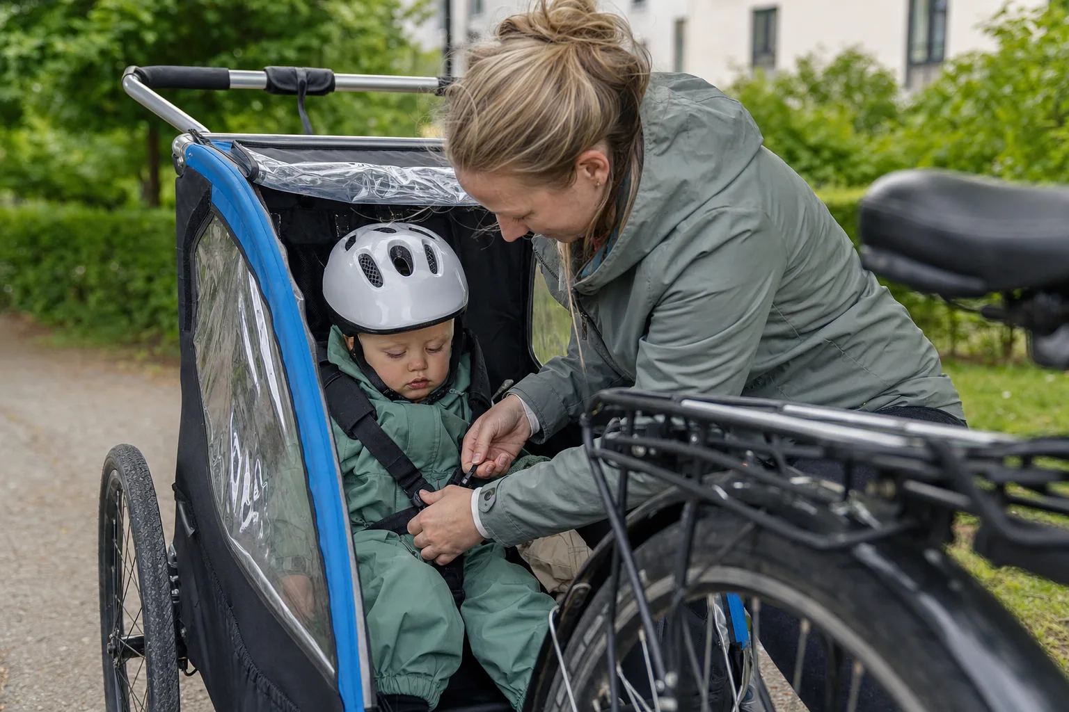 Förälder spänner fast ett barn med hjälm i en cykelvagn på en cykelbana.