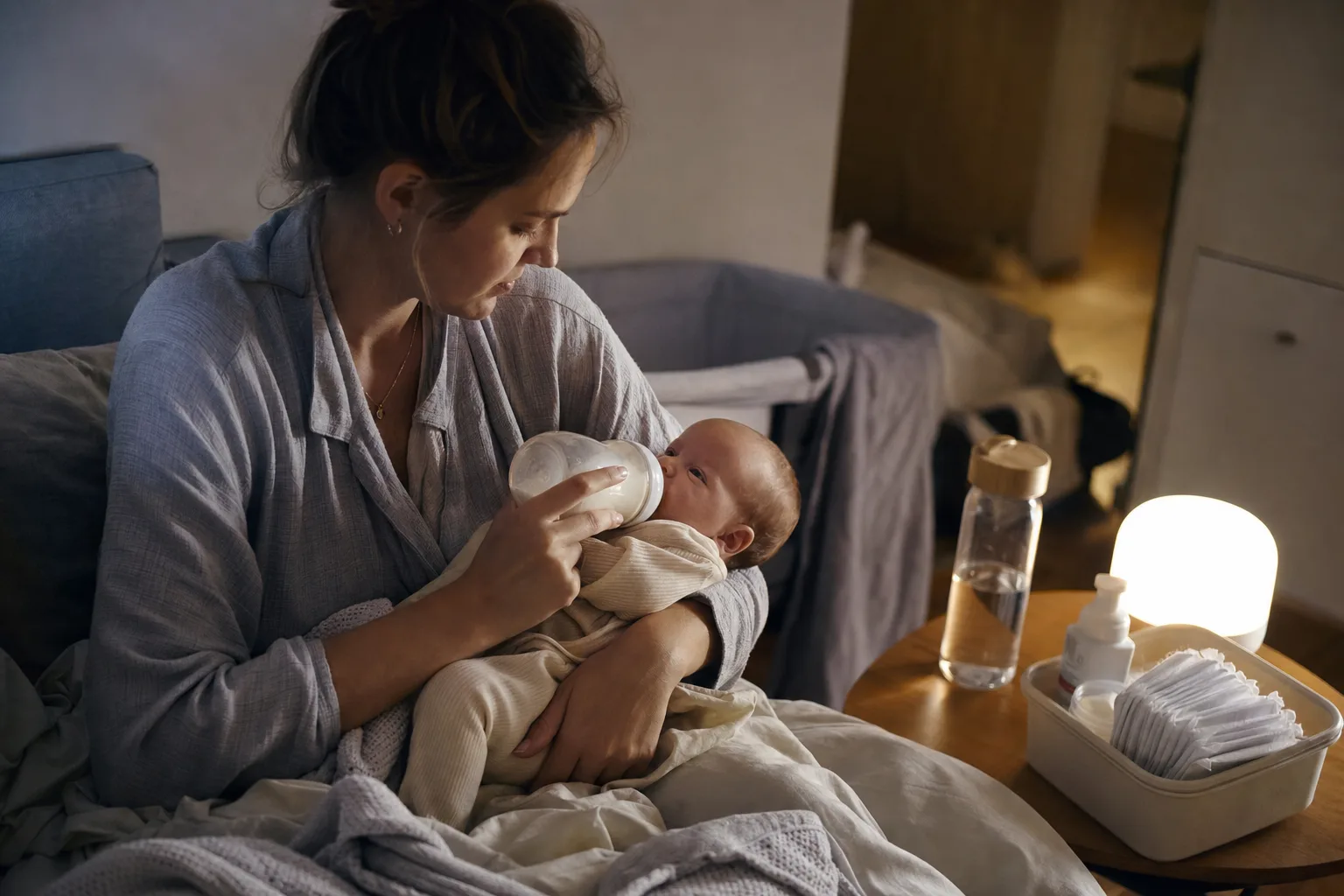 Nybliven mamma matar sin bebis i svagt nattljus med vattenflaska och blöjor nära sängen.