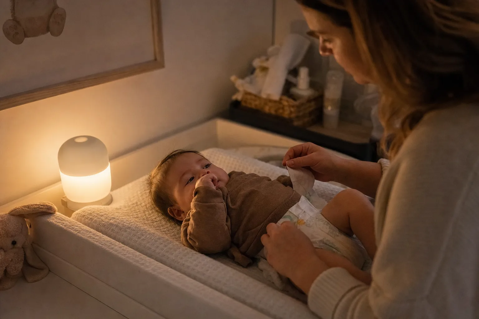 Förälder byter blöja på natten med en svag varm nattlampa i barnrummet.