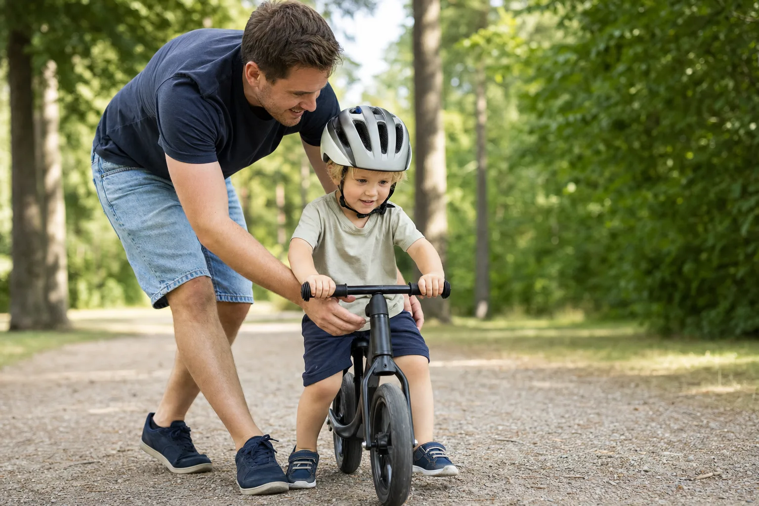 En förälder hjälper ett barn att åka springcykel på en lugn gångväg i parken.