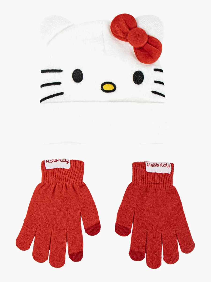 Hello Kitty Mössa och Vantar, Vit/Röd