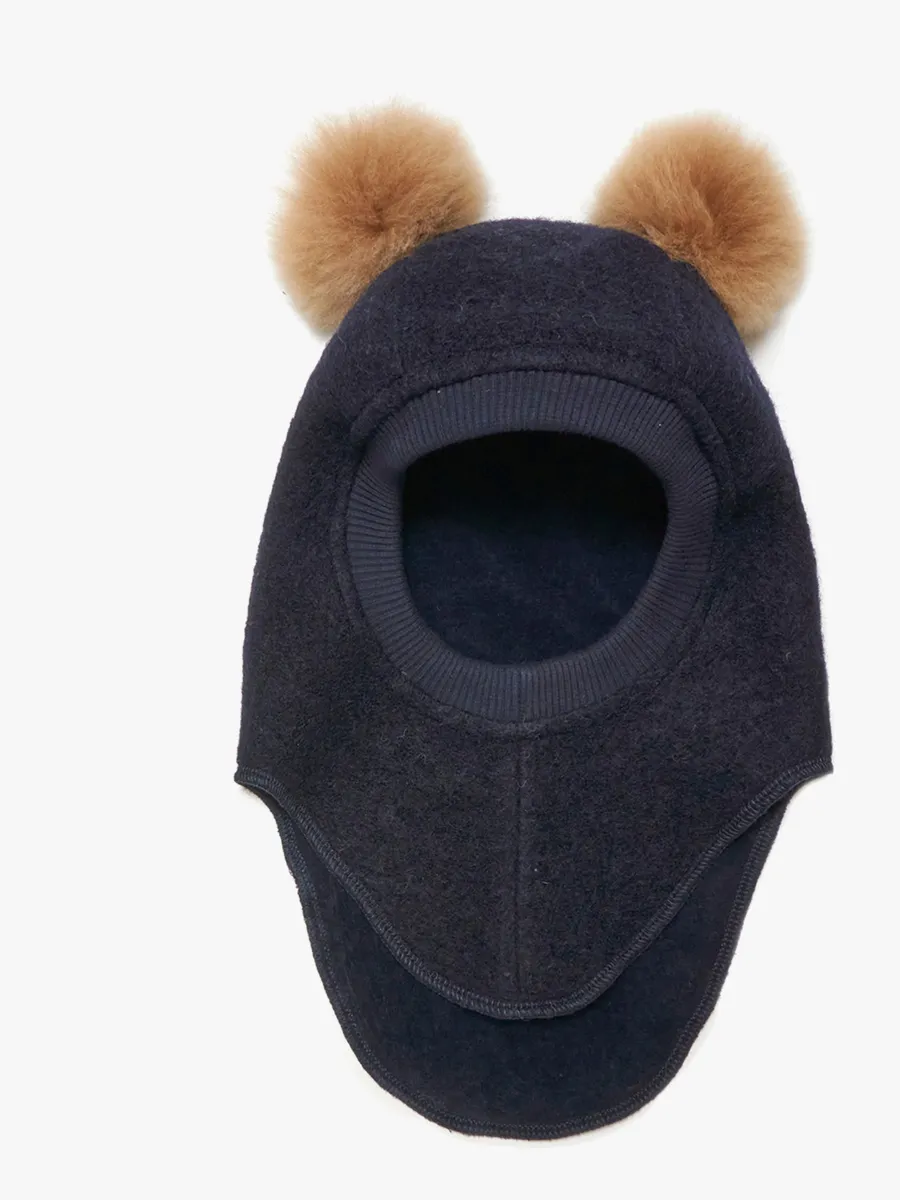 Huttelihut Balaklava Merinoull med Pompoms, Dark Navy, 52