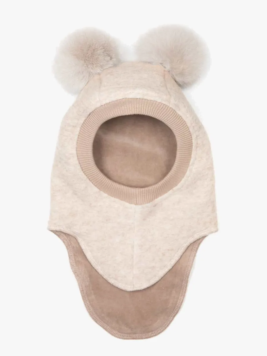 Huttelihut Balaklava Merinoull med Pompoms, Sand Melange, 53