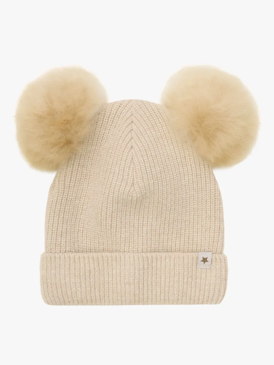 Huttelihut Mössa Merinoull med Pompoms Alpacka, Sand Melange, 50