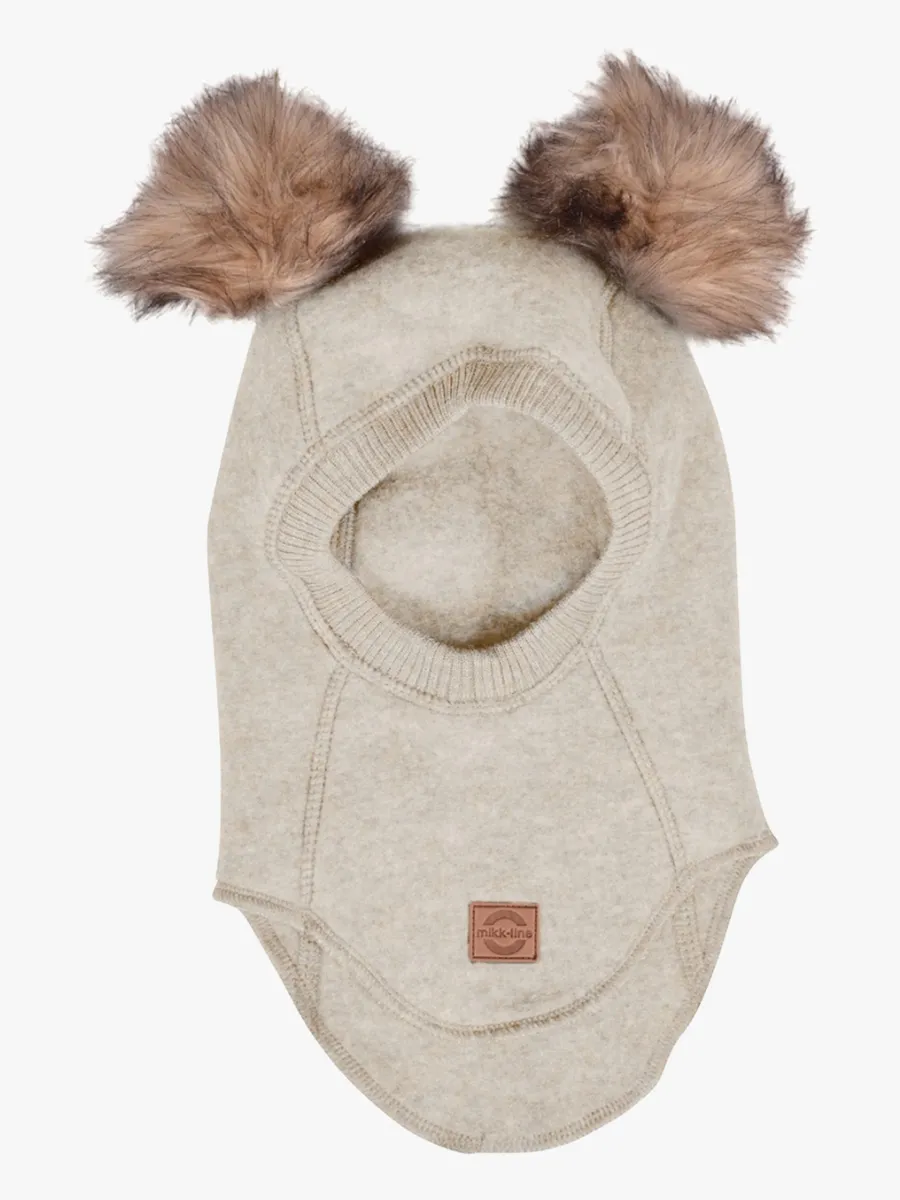 Mikk-Line Balaklava Merinoull med Pompoms, Melange Offwhite, 62-68