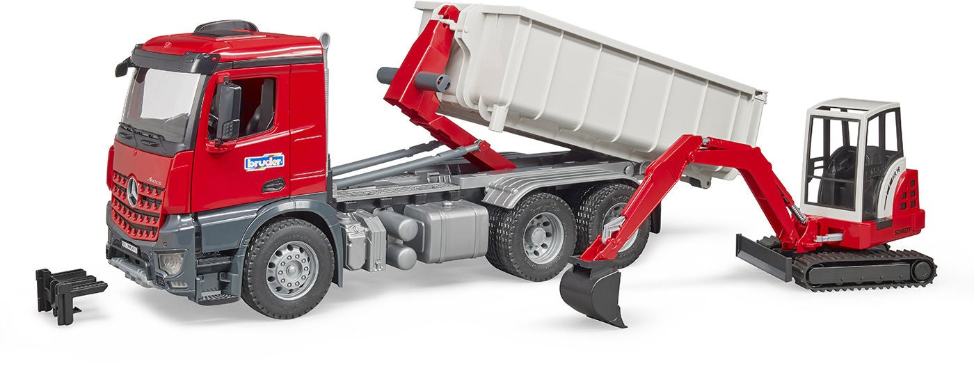 Bruder MB Arocs Lastbil Med Rullcontainer och Schaeff Grävmaskin|