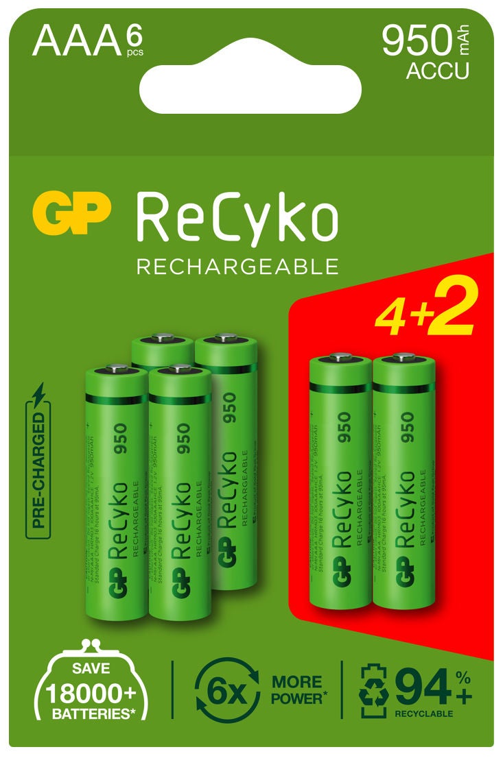 GP Batterier Recyko 4+2 AAA Laddningsbara Batterier