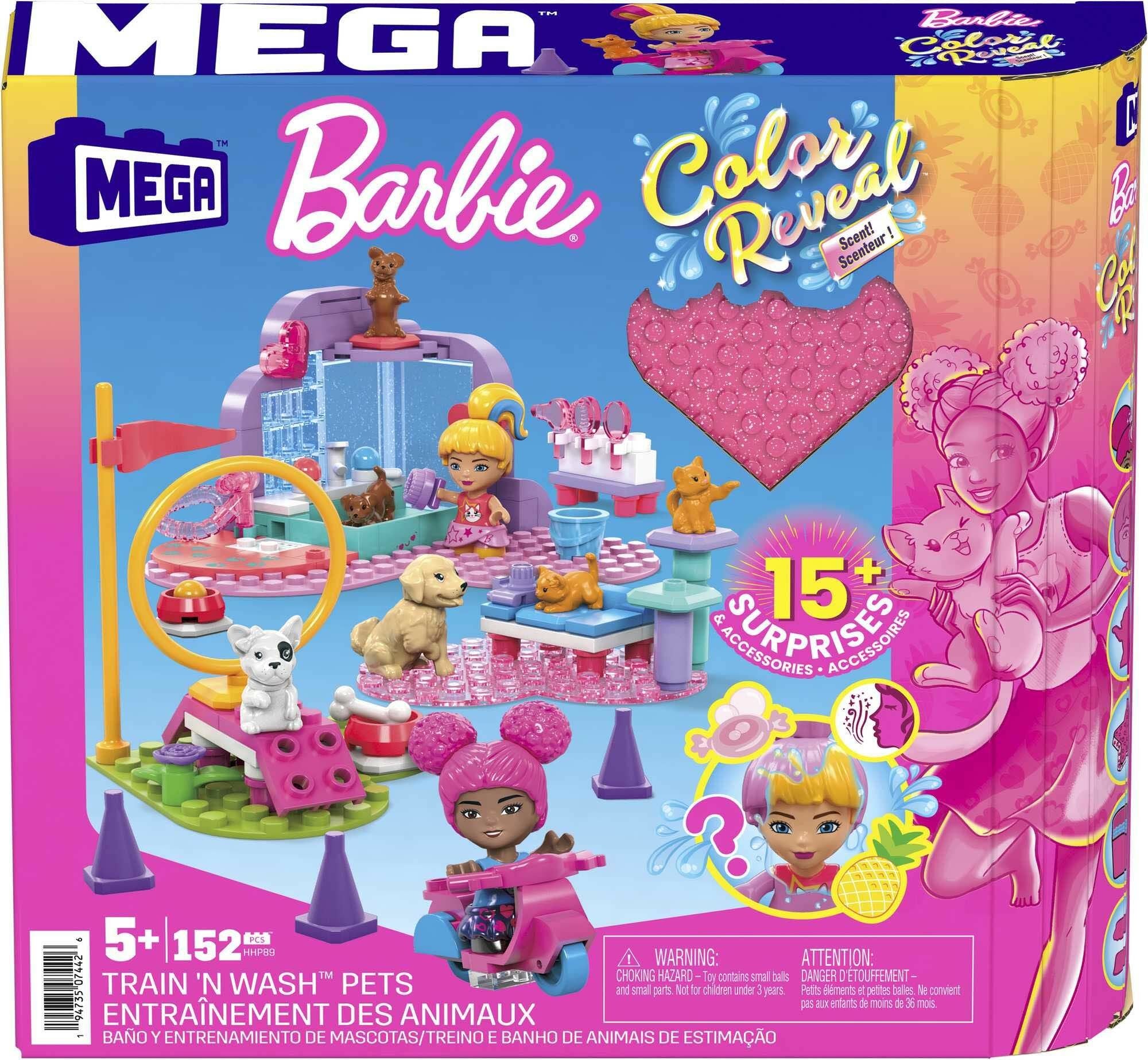 Mega Barbie Color Reveal Byggset Train 'n Wash Pets|