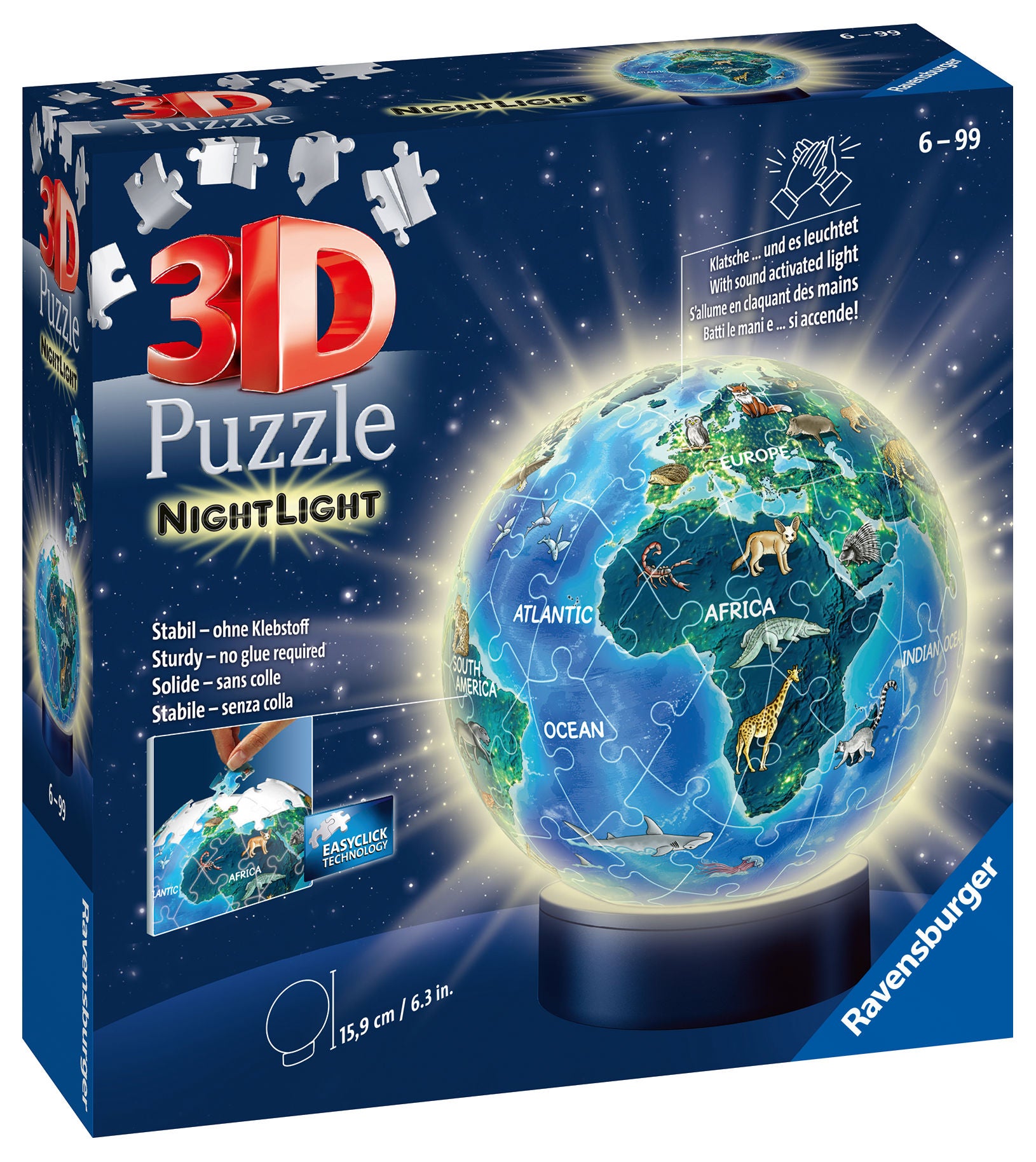 Ravensburger 3D Pussel Jordglob Djur|Nattlampa 72 Bitar