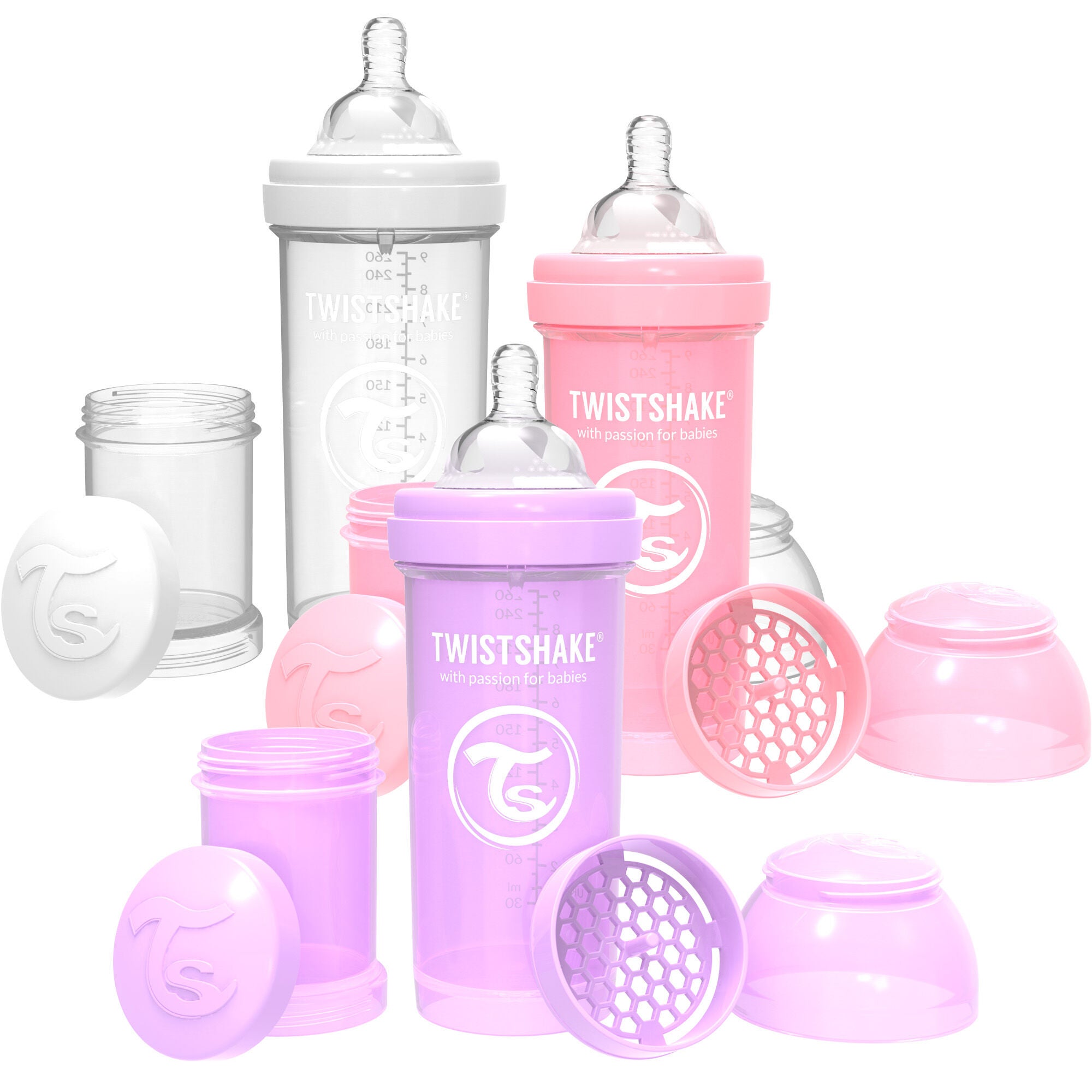 Twistshake  Anti-kolik Nappflaska 260 ml 3-pack|Rosa/lila/vit